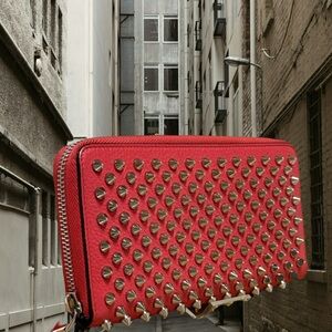 Christian Louboutin Authentic Red/Orange Leather Body Studded Long Zip Wallet